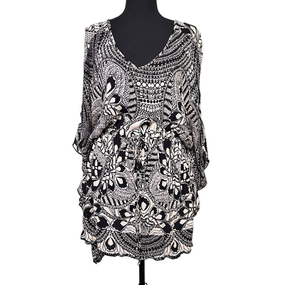 Angie Size M Black/Ivory Beach Cover Up Tie Draw‎ Waist V-neck Poncho Style